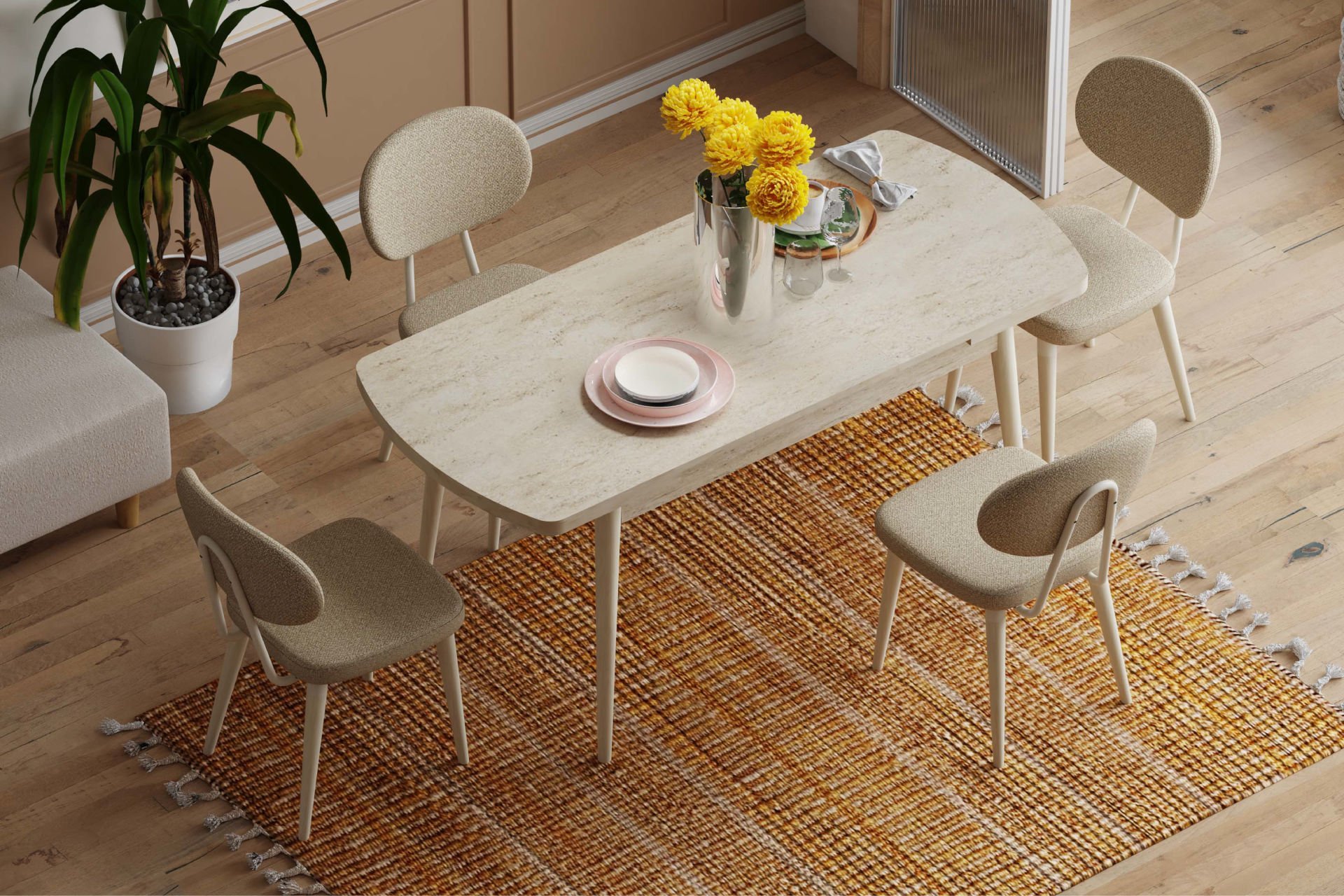 1-4x-100 Akdeniz Sandalye Golf Mutfak Masası Takımı - 70x120 cm Teddy Bej - 4 Adet - Traverten - Görsel 1