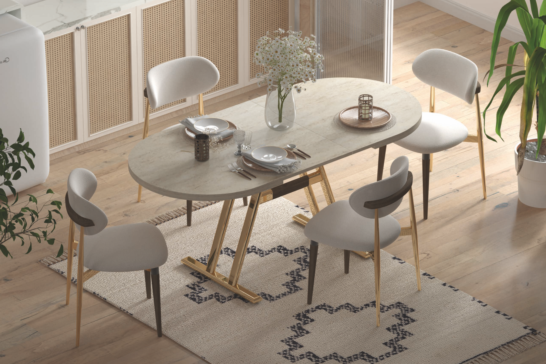 afyon-masa-venus-gold-nikel-takim2 Venüs Sandalye Afyon Gold Mutfak Masası Takımı - 80x140 cm Traverten - 4 Adet - Görsel 1