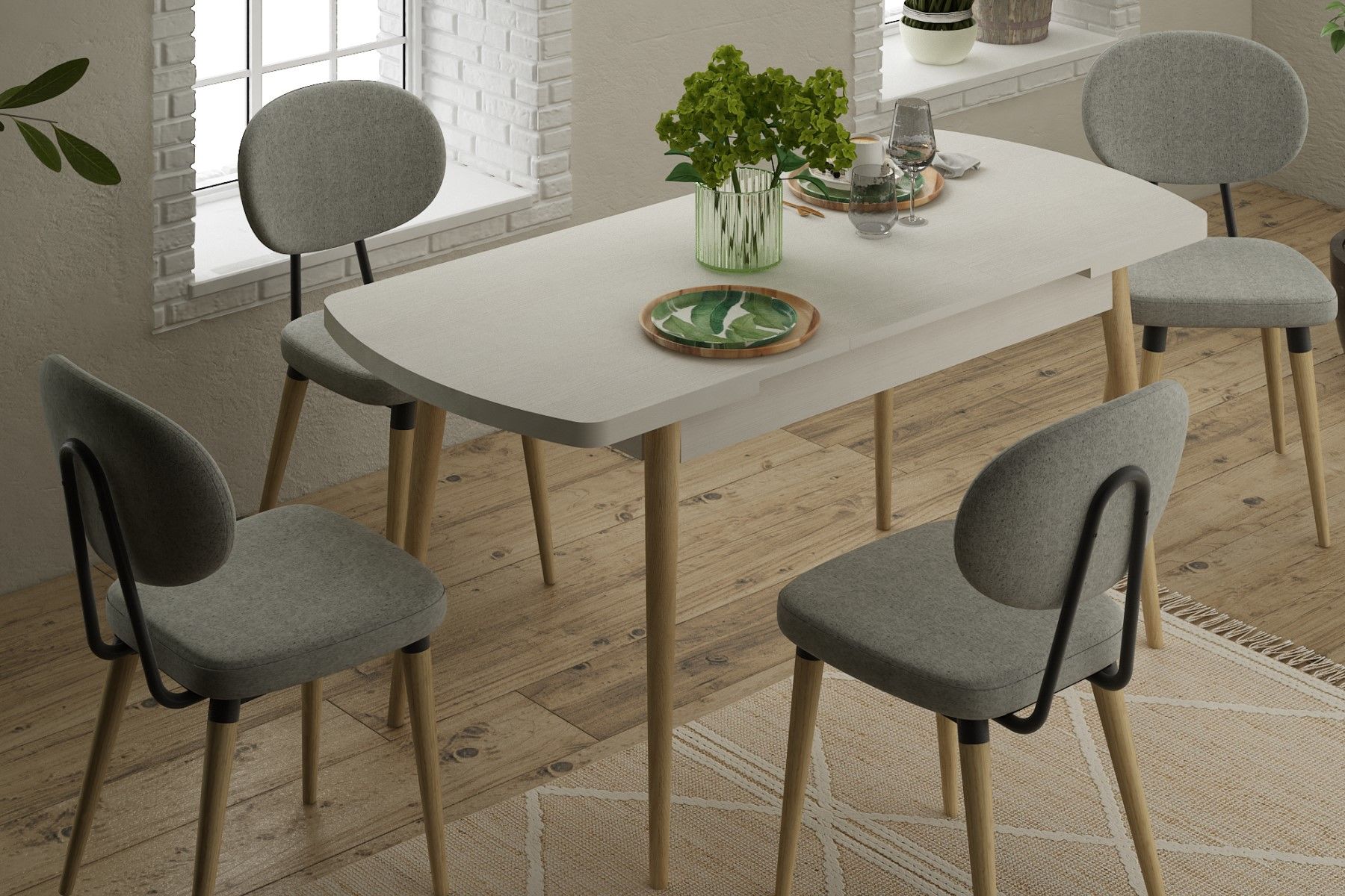 akdeniz-venus-stil2 Akdeniz Sandalye Golf Mutfak Masası Takımı - 70x120 cm Gri - Beyaz/Naturel - 4 Adet - Görsel 1