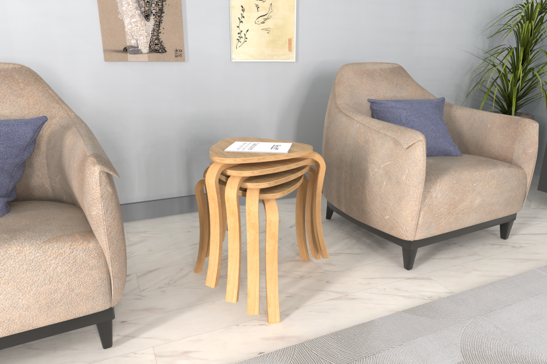 idea-soft-papatya-ovito-sehpa-stil1 Papatya Naturel Ayak Ahşap Çok Amaçlı Zigon Tabure Naturel - 4 Adet - Görsel 1