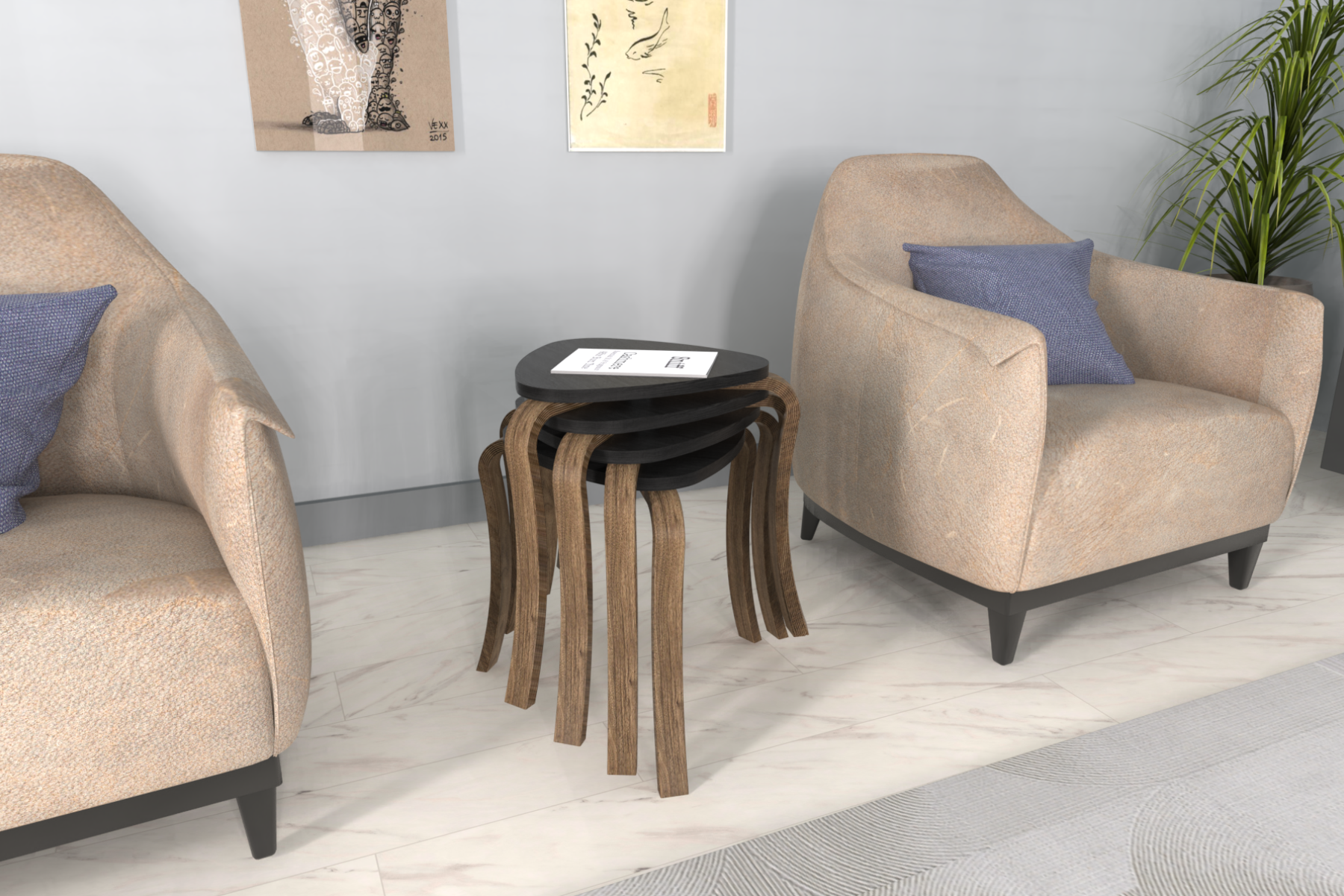 idea-soft-papatya-ovito-sehpa-stil13 Papatya Kestane Ayak Ahşap Çok Amaçlı Zigon Tabure Siyah - 4 Adet - Görsel 1