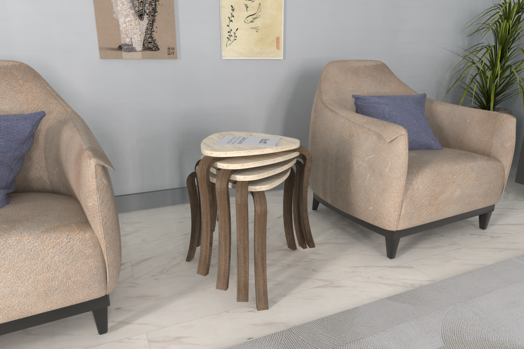 idea-soft-papatya-ovito-sehpa-stil16 Papatya Kestane Ayak Ahşap Çok Amaçlı Zigon Tabure Traverten - 4 Adet - Görsel 1