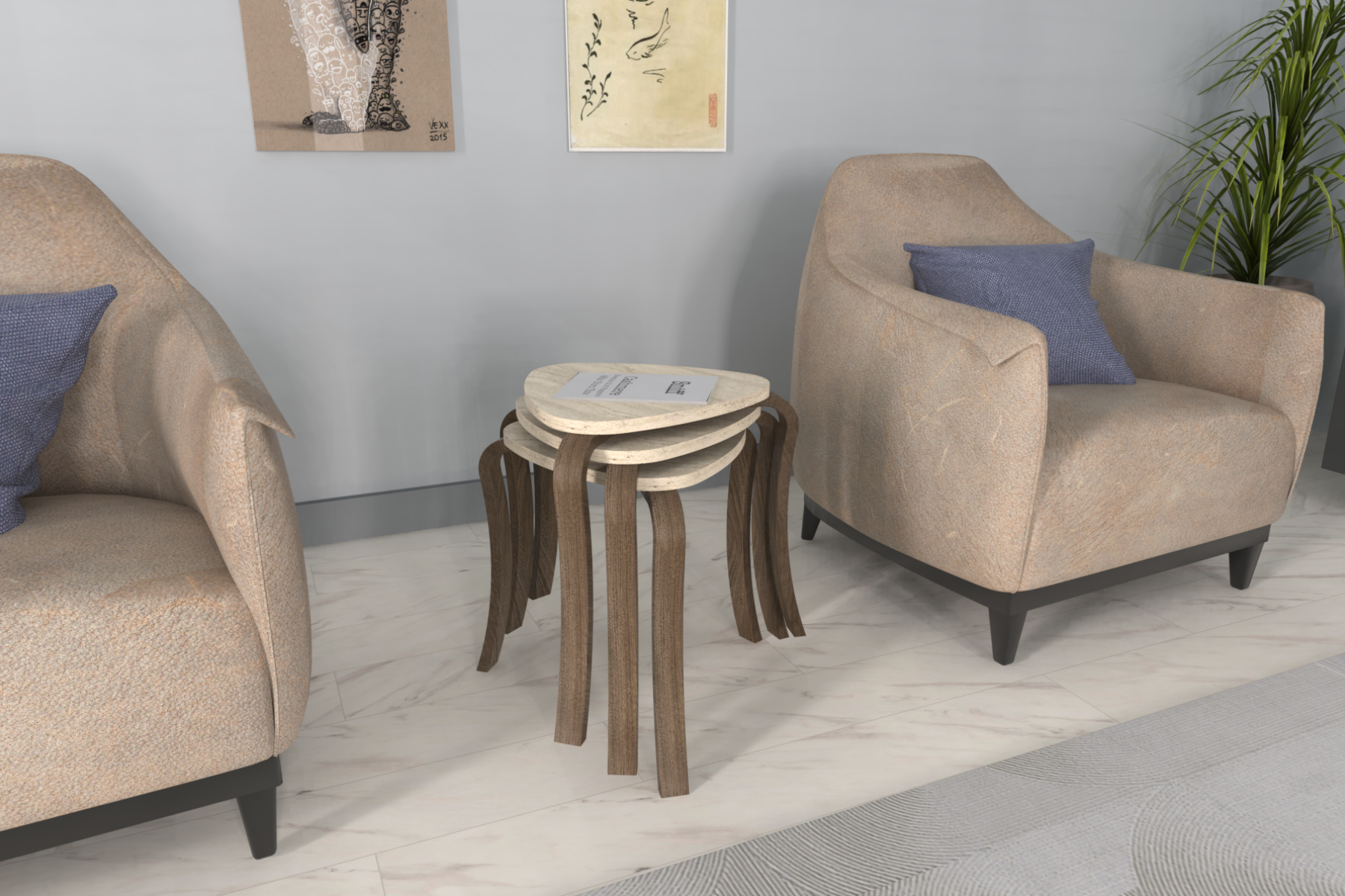 idea-soft-papatya-ovito-sehpa-stil17 Papatya Kestane Ayak Ahşap Çok Amaçlı Zigon Tabure Traverten - 3 Adet - Görsel 1