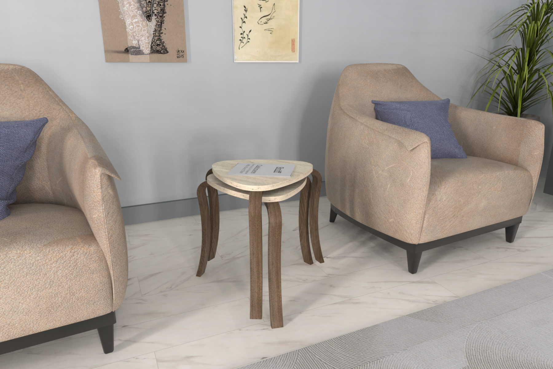 idea-soft-papatya-ovito-sehpa-stil18 Papatya Kestane Ayak Ahşap Çok Amaçlı Zigon Tabure Traverten - 2 Adet - Görsel 1