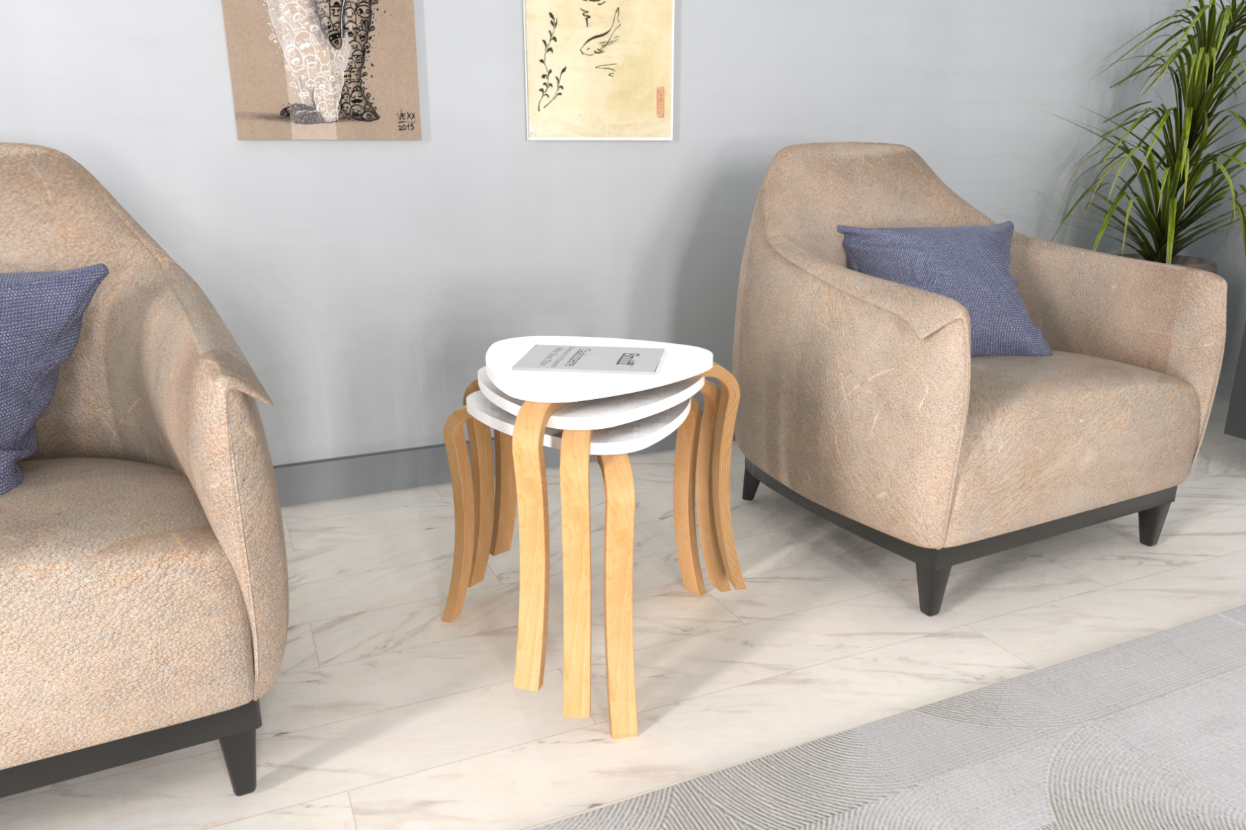 idea-soft-papatya-ovito-sehpa-stil5 Papatya Naturel Ayak Ahşap Çok Amaçlı Zigon Tabure Beyaz - 3 Adet - Görsel 1