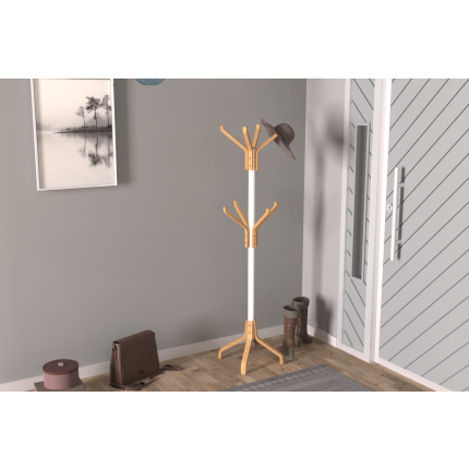 Vesti Ahşap Ayaklı Beyaz Metal Portmanto Elbise Askılığı Naturel - 8 Kollu