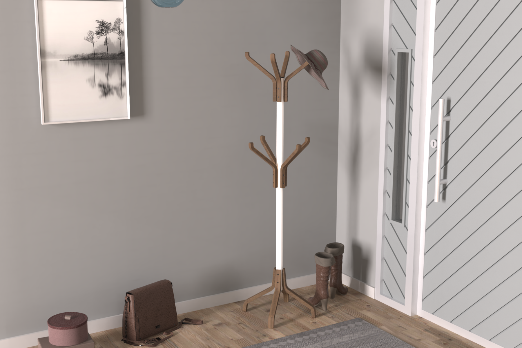 ideasoftvestibeyazmetal7 Vesti Ahşap Ayaklı Beyaz Metal Portmanto Elbise Askılığı Kestane - 8 Kollu - Görsel 1