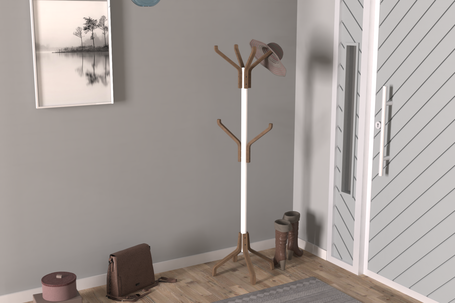 ideasoftvestibeyazmetal9 Vesti Ahşap Ayaklı Beyaz Metal Portmanto Elbise Askılığı Kestane - 6 Kollu - Görsel 1