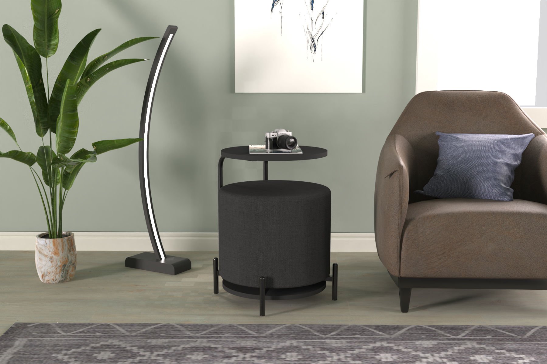 s4-2232 Çok Amaçlı Siyah Metal C Sehpa Puf Seti Gri-O - Görsel 1