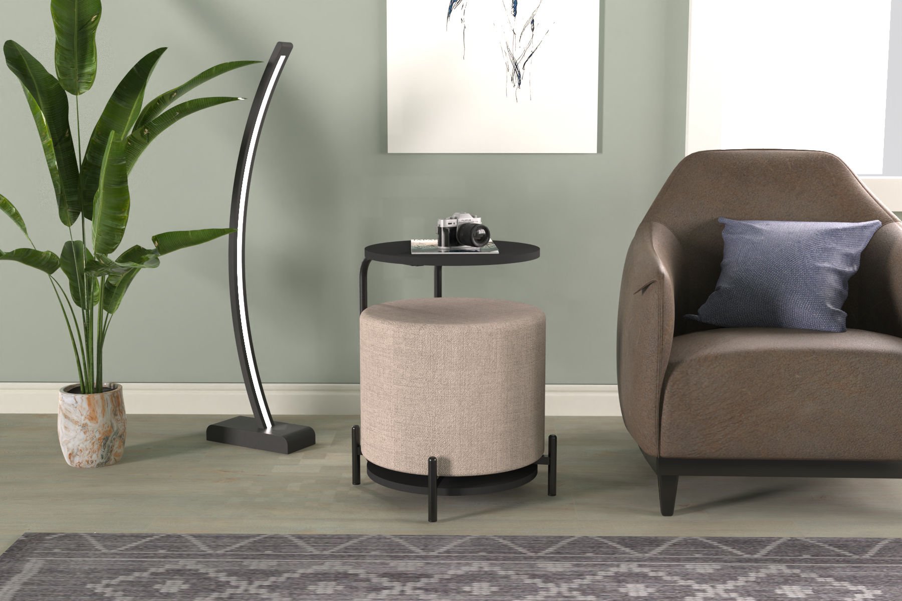 s4-2235 Çok Amaçlı Siyah Metal C Sehpa Puf Seti Krem-O - Görsel 1