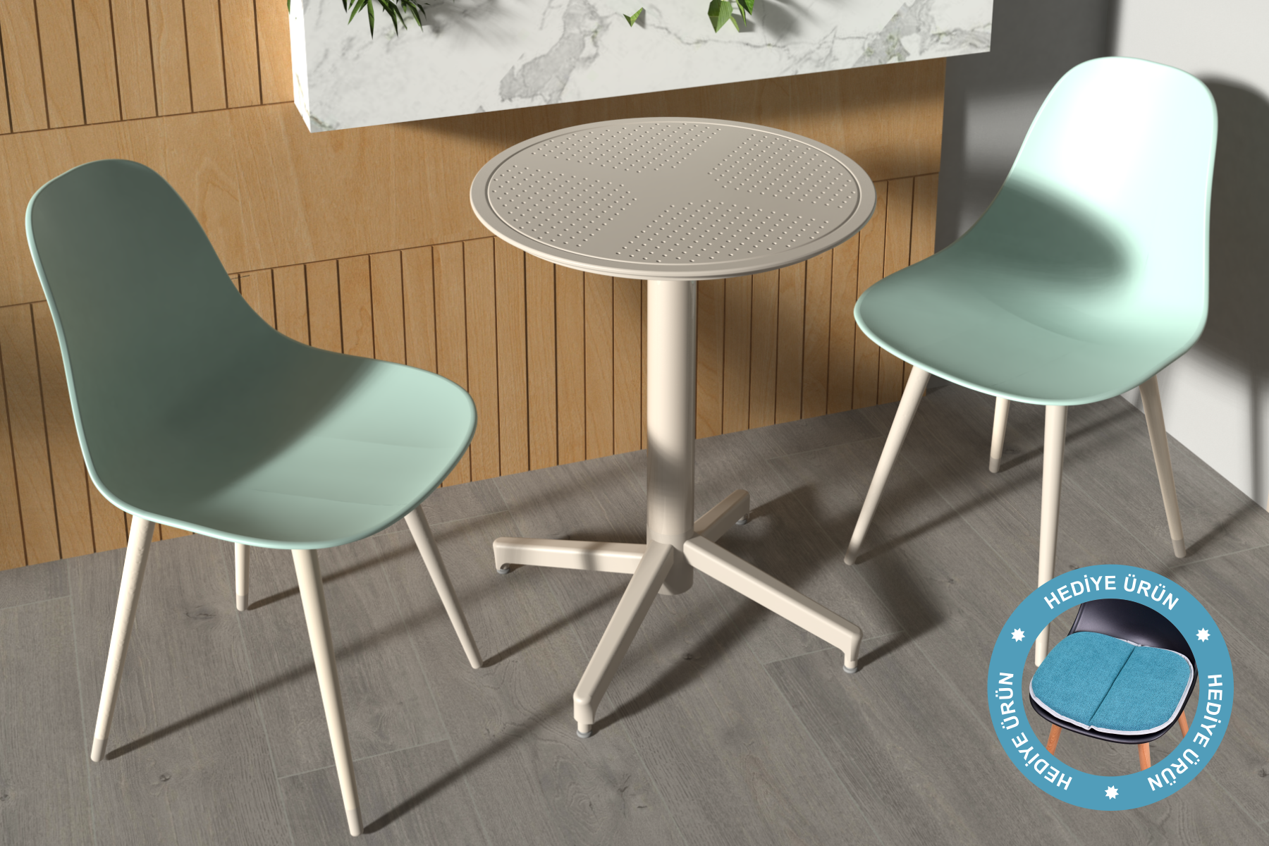 tilia3 Tilia Plastik Bahçe Balkon Bistro Seti Katlanır Masa 60*60 cm Mint Yeşili/Bej - Görsel 1