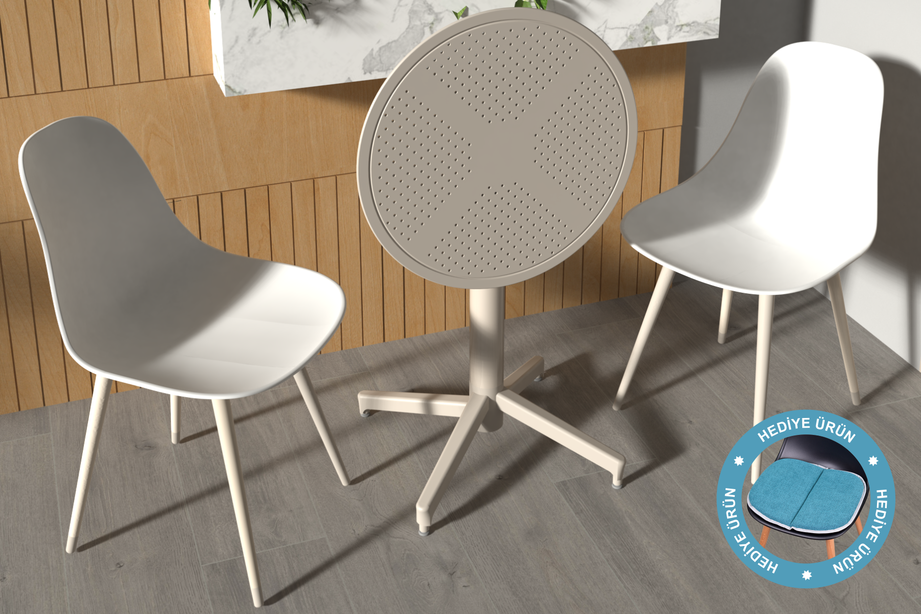 tilia8 Tilia Plastik Bahçe Balkon Bistro Seti Katlanır Masa 60*60 cm Beyaz/Bej - Görsel 1