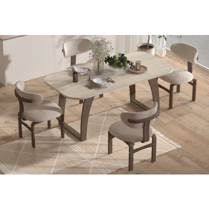 Sofya Sandalye Tiran Ahşap Mutfak Masası Takımı - 90x180 Cm Traverten/Kestane - 4 Adet