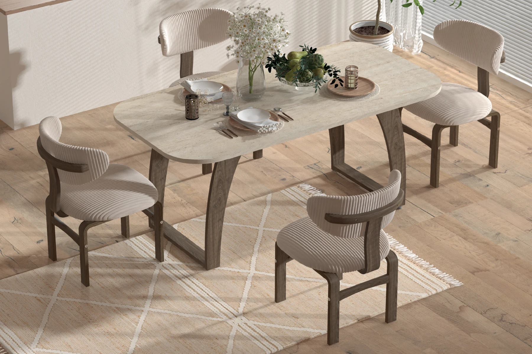 tiran-sofya-takim1 Sofya Sandalye Tiran Ahşap Mutfak Masası Takımı - 90x180 Cm Traverten/Kestane - 6 Adet - Görsel 1