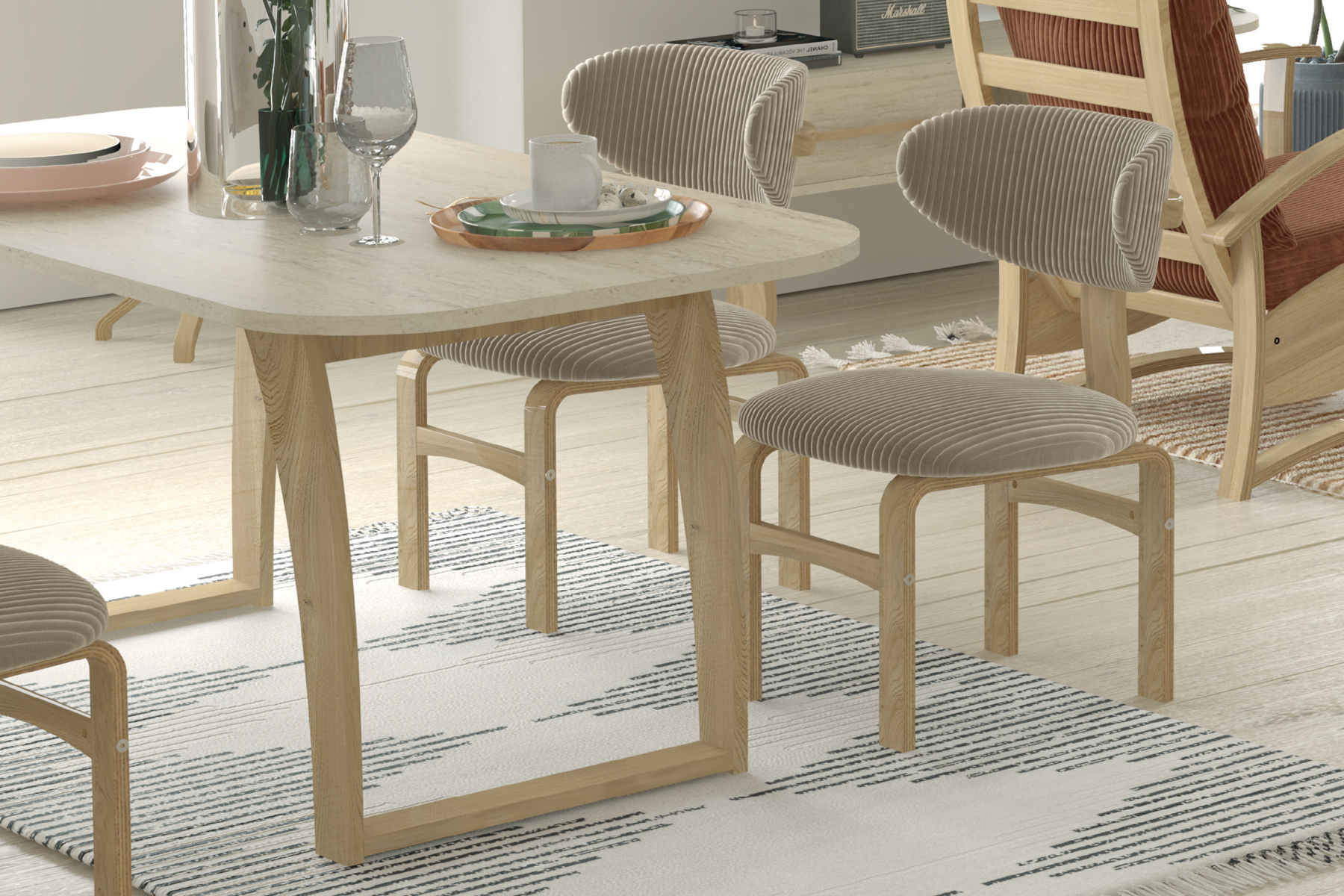 tiran-sofya-takim3 Sofya Sandalye Tiran Ahşap Mutfak Masası Takımı - 90x180 Cm Traverten/Naturel - 4 Adet - Görsel 1