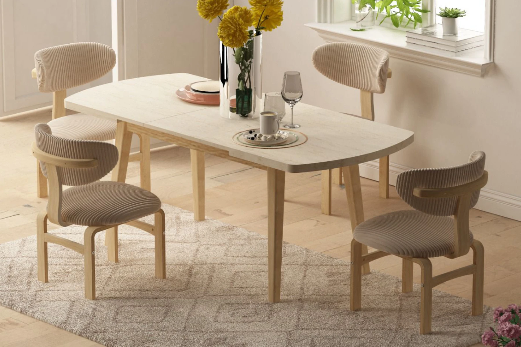 traverten-kanyon3 Sofya Ahşap Sandalye Aras Ahşap Traverten Mutfak Masası Takımı - 80x140 cm 4 Adet - Görsel 1