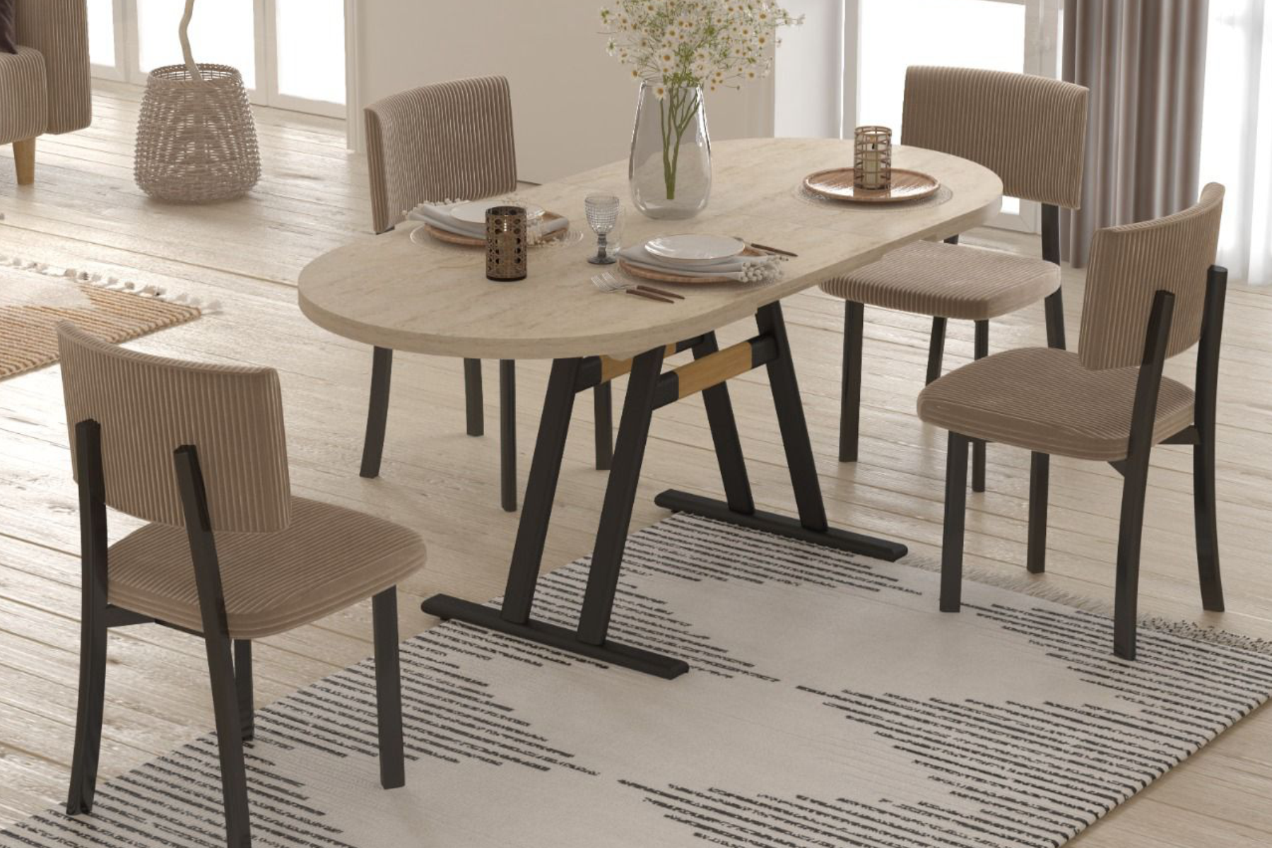 traverten-kanyon5 Miray Sandalye Afyon Traverten Metal Ayak Mutfak Masası Takımı - 80x140 cm 6 Adet - Görsel 1