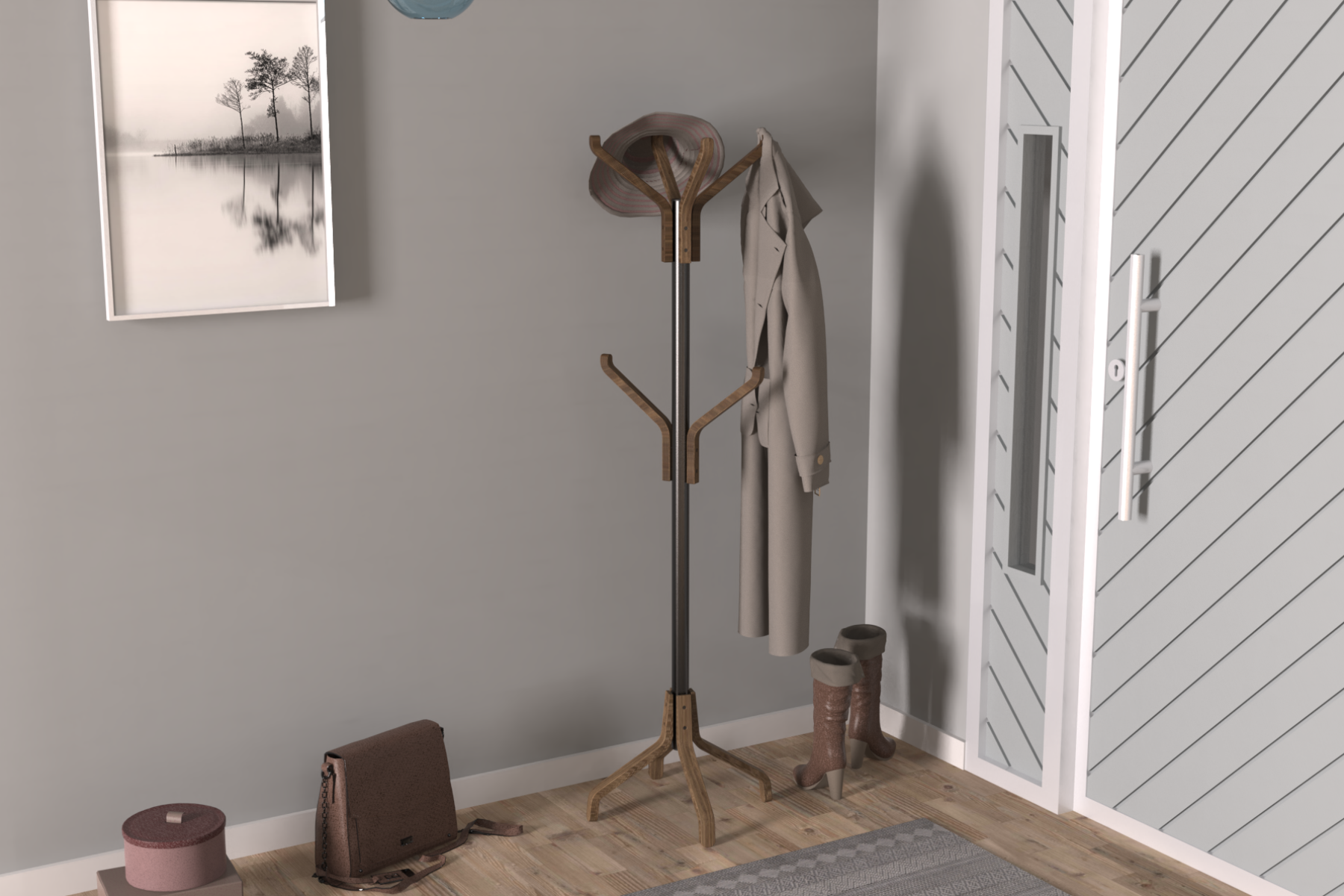 vesti-stil-ideasoft10 Vesti Ahşap Ayaklı Siyah Metal Portmanto Elbise Askılığı Kestane - 6 Kollu - Görsel 1