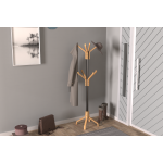 Vesti Ahşap Ayaklı Siyah Metal Portmanto Elbise Askılığı Naturel - 8 Kollu