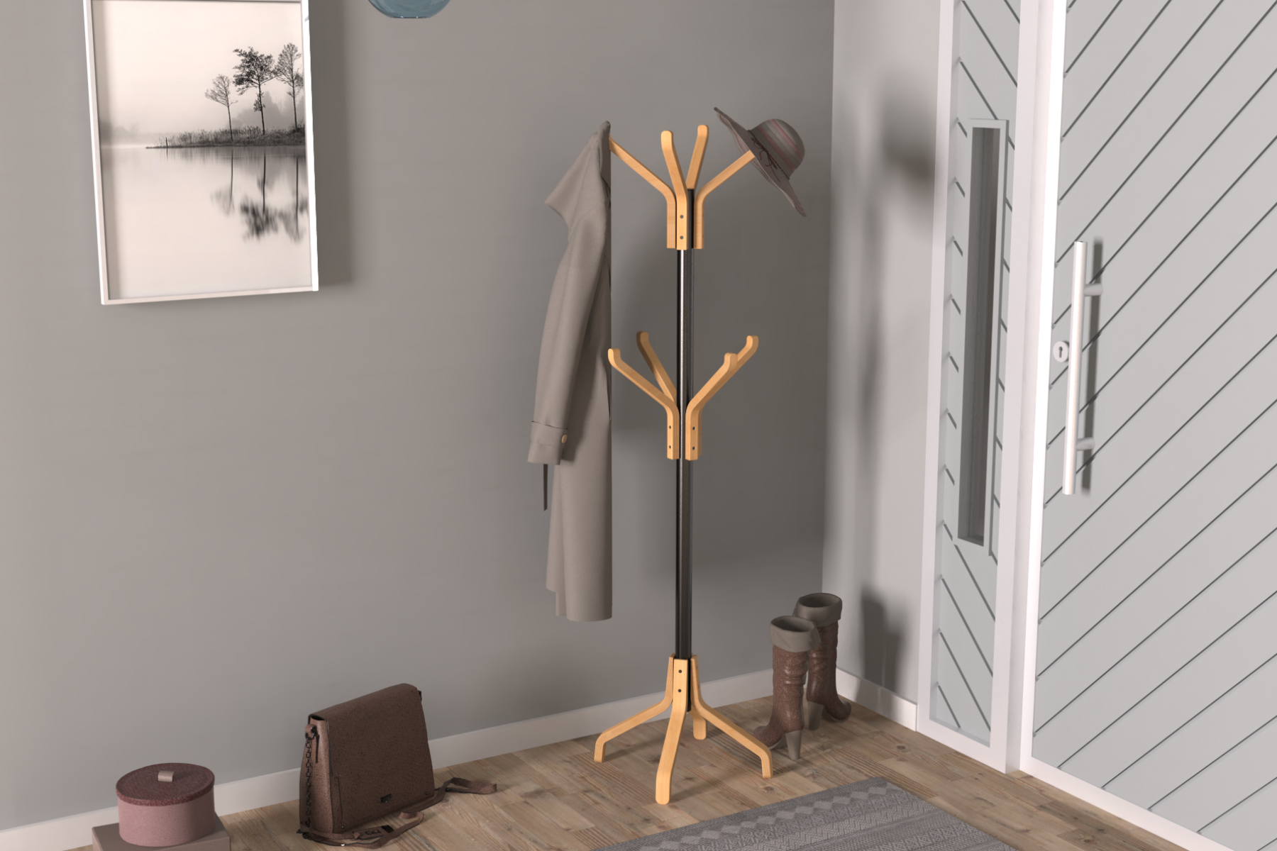 vesti-stil-ideasoft4 Vesti Ahşap Ayaklı Siyah Metal Portmanto Elbise Askılığı Naturel - 8 Kollu - Görsel 1