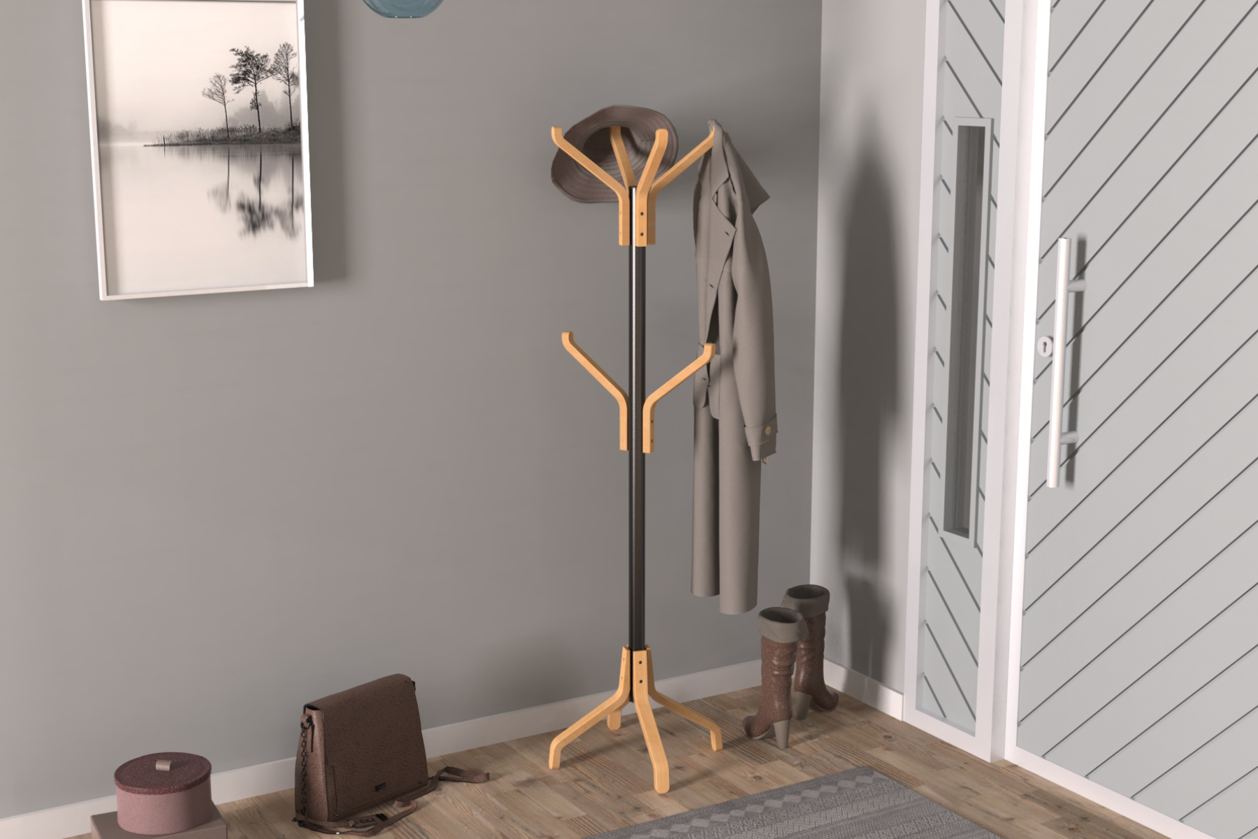 vesti-stil-ideasoft5 Vesti Ahşap Ayaklı Siyah Metal Portmanto Elbise Askılığı Naturel - 6 Kollu - Görsel 1
