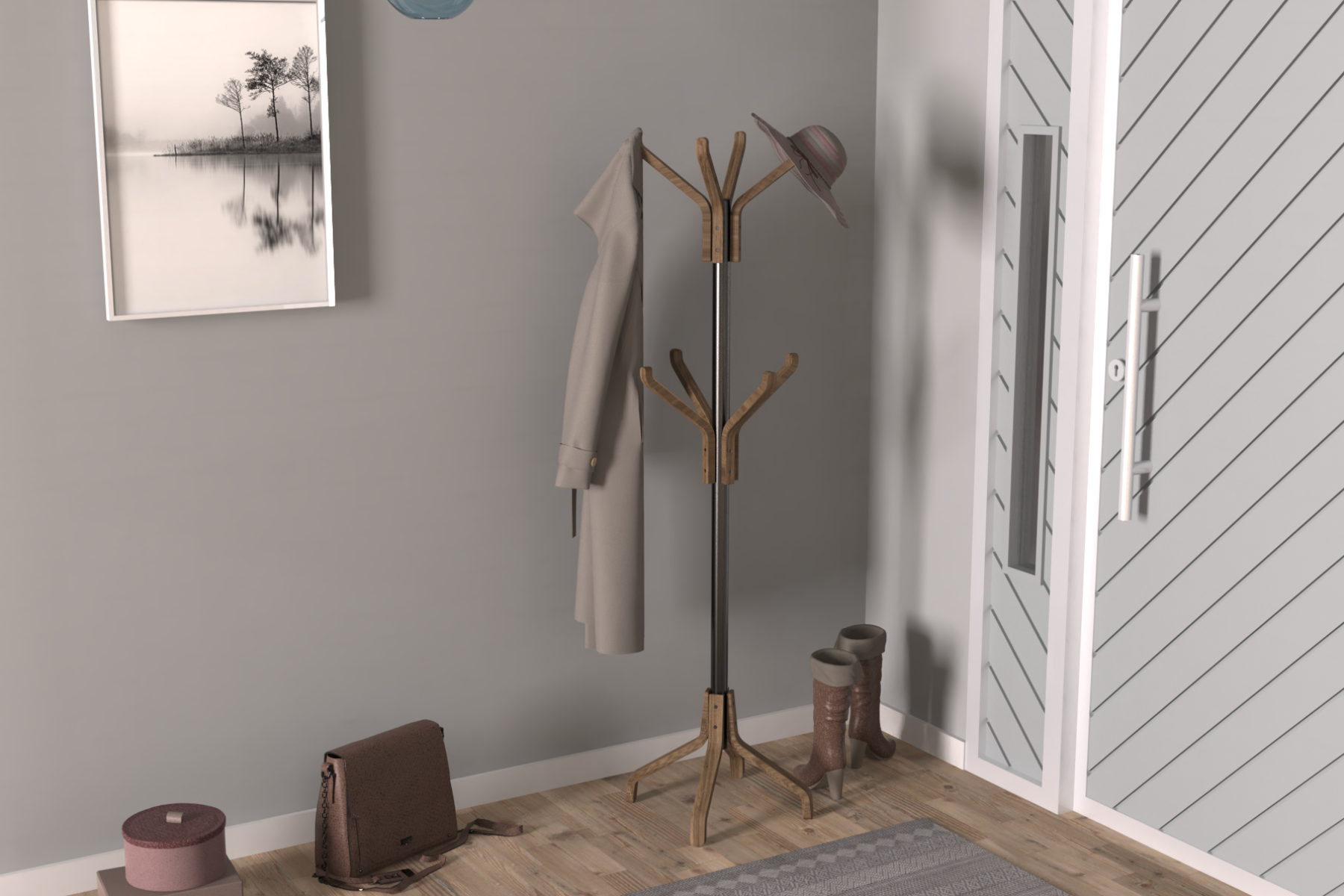 vesti-stil-ideasoft9 Vesti Ahşap Ayaklı Siyah Metal Portmanto Elbise Askılığı Kestane - 8 Kollu - Görsel 1