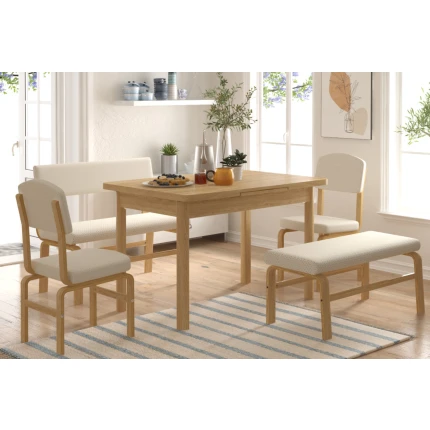 Ege Sandalye Peri Bank Fırat Mutfak Masası Takımı - 80x120 cm Beyaz - Naturel