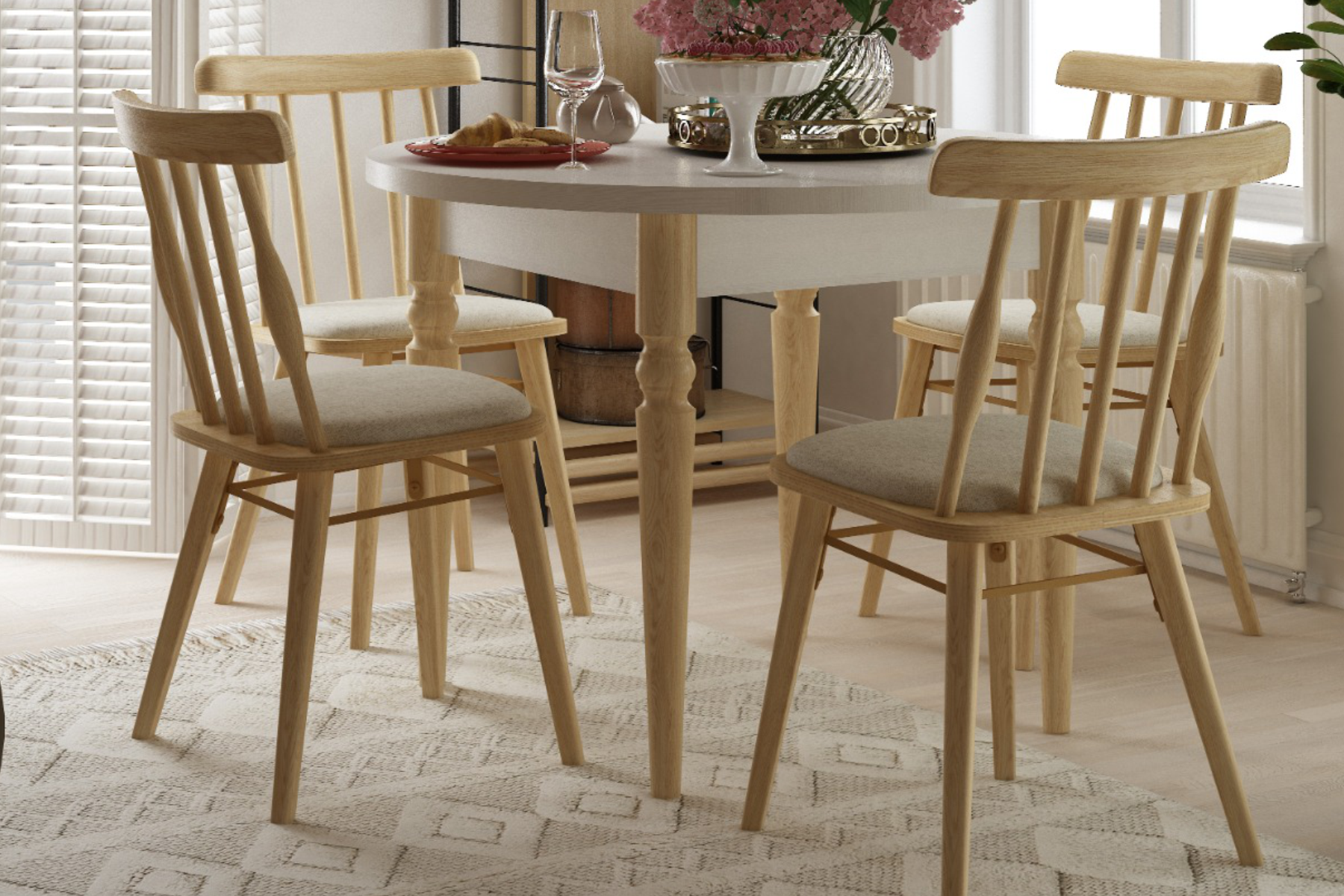 vilinzecom6 Soma Sandalye Turna Yuvarlak Mutfak Masası Takımı Beyaz/Naturel - Görsel 1