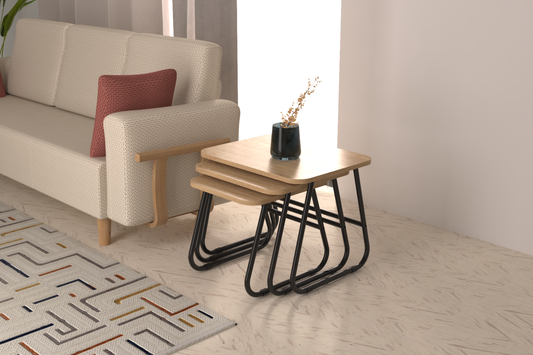 zigana-zigon-ideasoft13 Zigana Çok Amaçlı Siyah Metal Ayak 3'lü Zigon Sehpa Naturel - Görsel 1