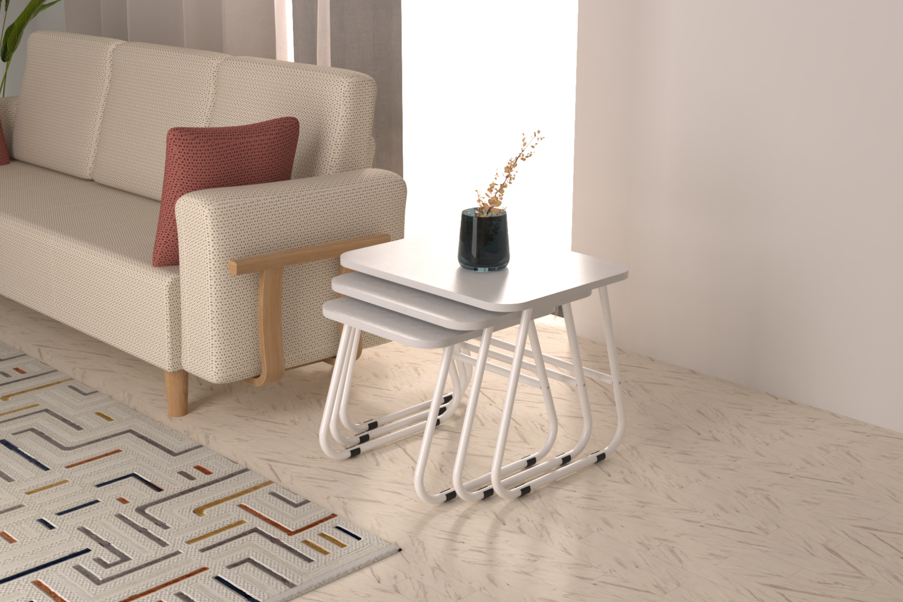 zigana-zigon-ideasoft19 Zigana Çok Amaçlı Beyaz Metal Ayak 3'lü Zigon Sehpa Beyaz - Görsel 1