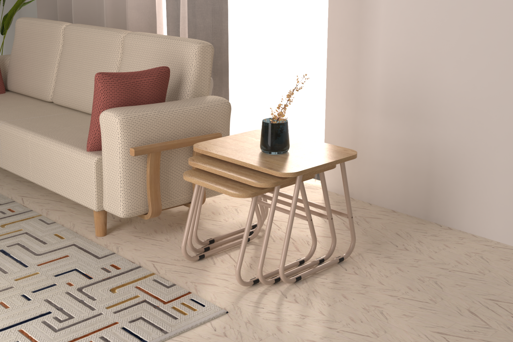 zigana-zigon-ideasoft31 Zigana Çok Amaçlı Vizon Metal Ayak 3'lü Zigon Sehpa Naturel - Görsel 1