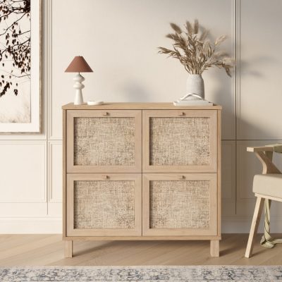 Dune Ayakkabılık Çok Amaçlı Dolap Ahşap Ayaklı Ahşap Jüt Kapaklı DN4-SJ