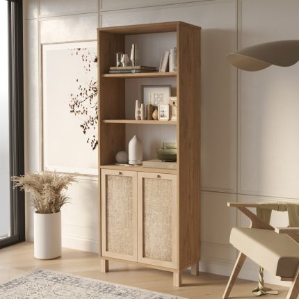 Dune Kitaplık Raf Ahşap Ayaklı 180cm Ahşap Jüt Kapaklı DN5-SJ