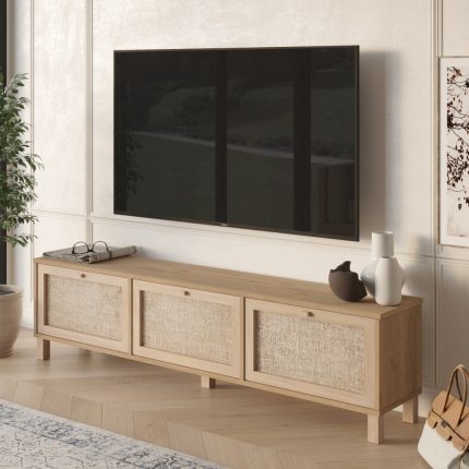 Dune Tv Ünitesi Sehpası Ahşap Ayaklı 3 Ahşap Jüt Kapaklı 180cm DN2-SJ