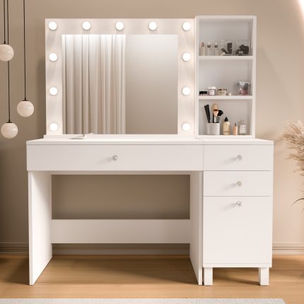 Monroe Makyaj Masası 3 Çekmece Kapaklı Düzenleyici Hollywood Led Işıklı Raflı Beyaz MO6-W