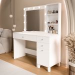 Monroe Makyaj Masası 3 Çekmecel Kapaklı Düzenleyici Hollywood Led Işıklı Raflı Beyaz MO6-W - Görsel 8