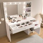 Monroe Makyaj Masası 3 Çekmecel Kapaklı Düzenleyici Hollywood Led Işıklı Raflı Beyaz MO6-W - Görsel 4