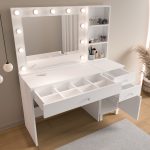 Monroe Makyaj Masası 3 Çekmecel Kapaklı Düzenleyici Hollywood Led Işıklı Raflı Beyaz MO6-W - Görsel 10