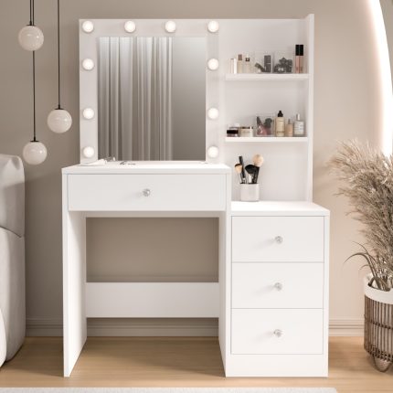 Monroe Makyaj Masası 4 Çekmeceli Düzenleyici Hollywood Led Işıklı Raflı Beyaz MO2-W