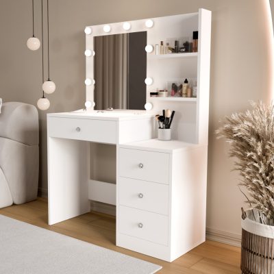Monroe Makyaj Masası 4 Çekmeceli Düzenleyici Hollywood Led Işıklı Raflı Beyaz MO2-W