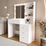 Monroe Makyaj Masası 4 Çekmeceli Düzenleyici Hollywood Led Işıklı Raflı Beyaz MO2-W - Görsel 9