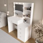 Monroe Makyaj Masası 4 Çekmeceli Düzenleyici Hollywood Led Işıklı Raflı Beyaz MO2-W - Görsel 4