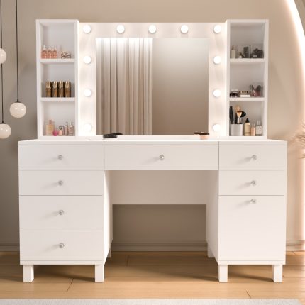 Monroe Makyaj Masası 7 Çekmece Kapaklı Düzenleyici Hollywood Led Işıklı Raflı Beyaz MO5-W