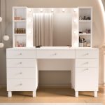 Monroe Makyaj Masası 7 Çekmece Kapaklı Düzenleyici Hollywood Led Işıklı Raflı Beyaz MO5-W - Görsel 2