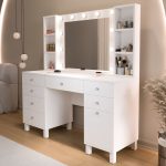 Monroe Makyaj Masası 7 Çekmece Kapaklı Düzenleyici Hollywood Led Işıklı Raflı Beyaz MO5-W - Görsel 3