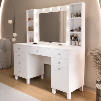 Monroe Makyaj Masası 7 Çekmece Kapaklı Düzenleyici Hollywood Led Işıklı Raflı Beyaz MO5-W