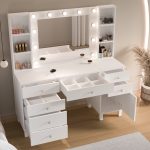 Monroe Makyaj Masası 7 Çekmece Kapaklı Düzenleyici Hollywood Led Işıklı Raflı Beyaz MO5-W - Görsel 5