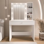 Monroe Makyaj Masası Çekmeceli Düzenleyici Hollywood Led Işıklı Raflı Beyaz MO3-W - Görsel 2