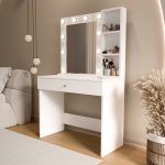 Monroe Makyaj Masası Çekmeceli Düzenleyici Hollywood Led Işıklı Raflı Beyaz MO3-W - Görsel 9