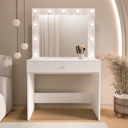 Monroe Makyaj Masası Çekmeceli Düzenleyici Hollywood Led Işıklı Raflı Beyaz MO4-W
